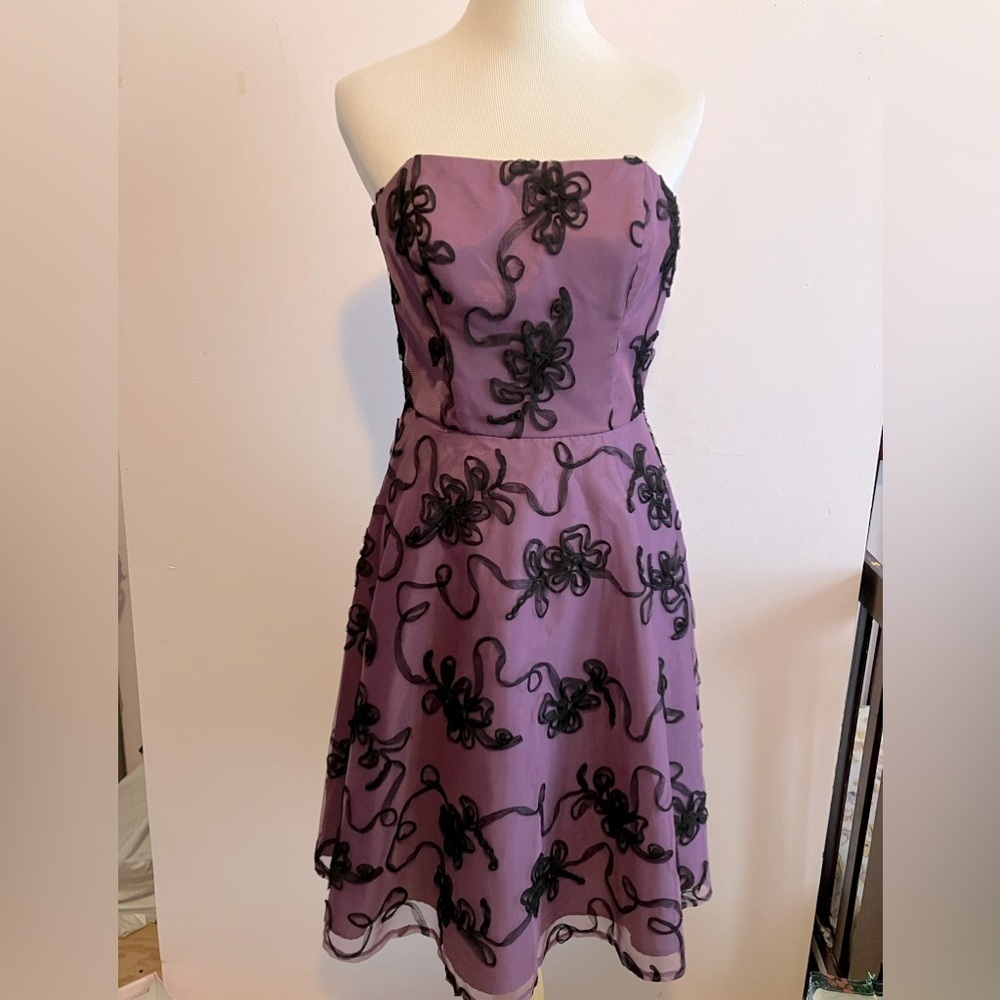 Women’s Strapless Flared Dress,  5/6 (Junior), Purple/Black, Floral, Masquerade